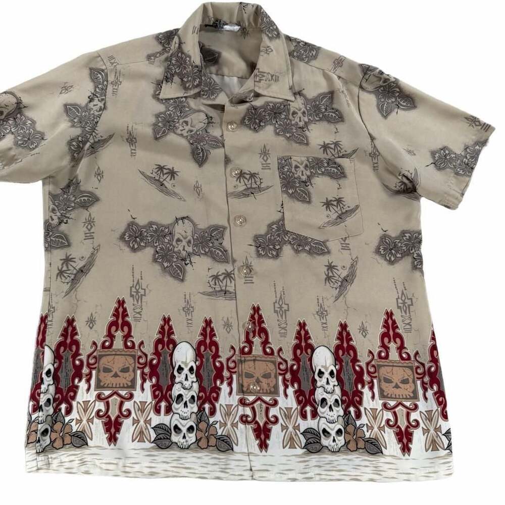 Kennington Ltd. Skull Patterned Beige Men's Hawaiian Button Down Shirt